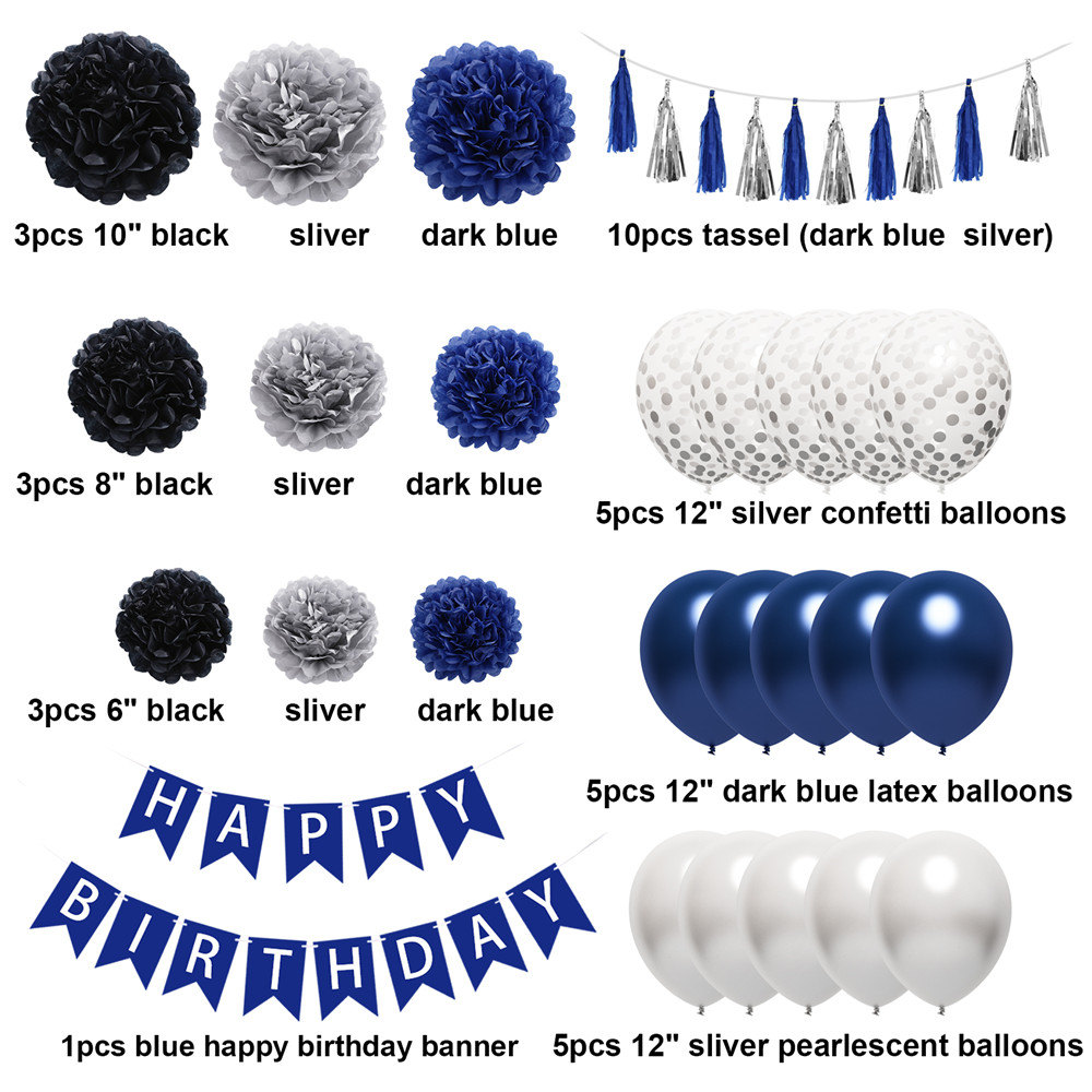Ouddy Party Blue Birthday Balloons - Happy Birthday Banner Silver Blue Confetti Latex Balloons Paper Poms Tassels Decorations for Men - Click Image to Close